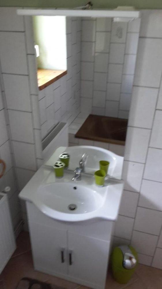 Salle de bains, lavabo et son meuble. Grand miroir